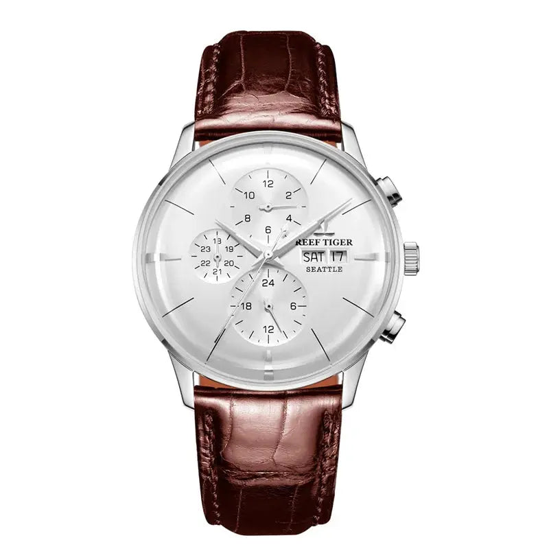Reef Tiger luxury men's watch with brown leather strap and silver dial with chronograph subdials