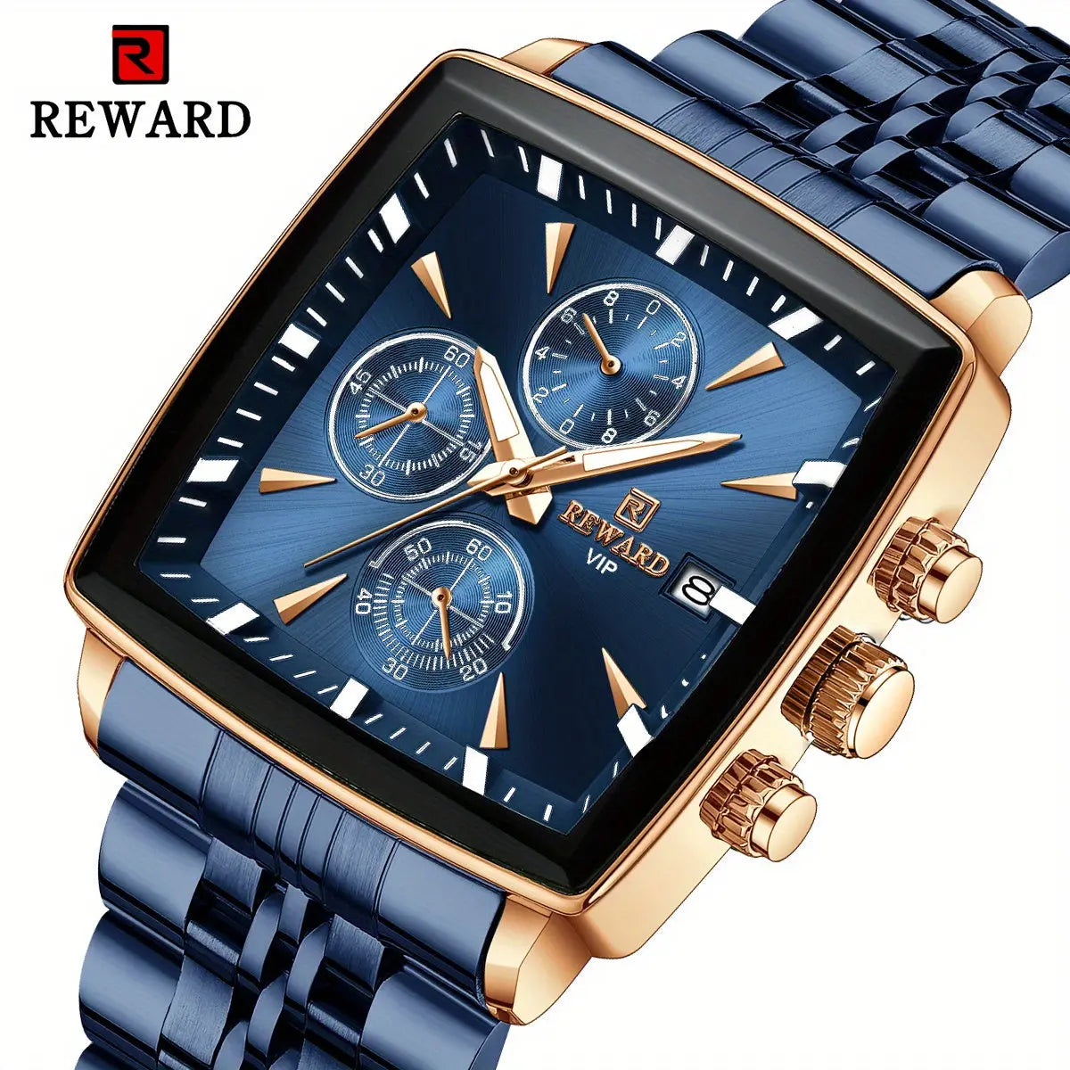 Men's blue rectangular watch by Alcom Distribution with gold accents and chronograph dials