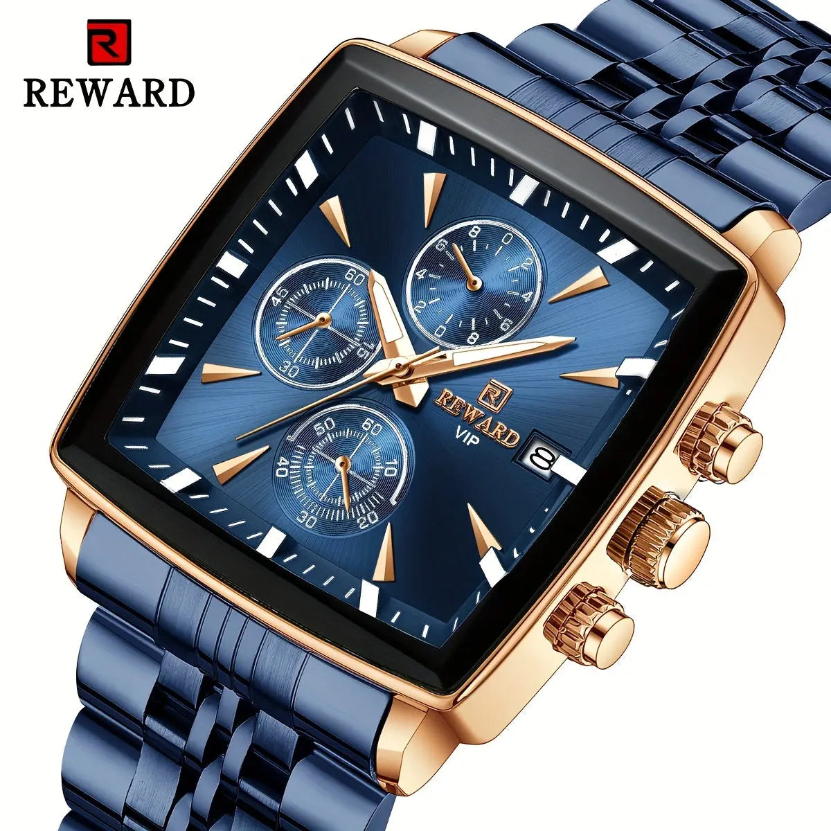 Men's blue rectangular watch by Alcom Distribution with gold accents and chronograph features