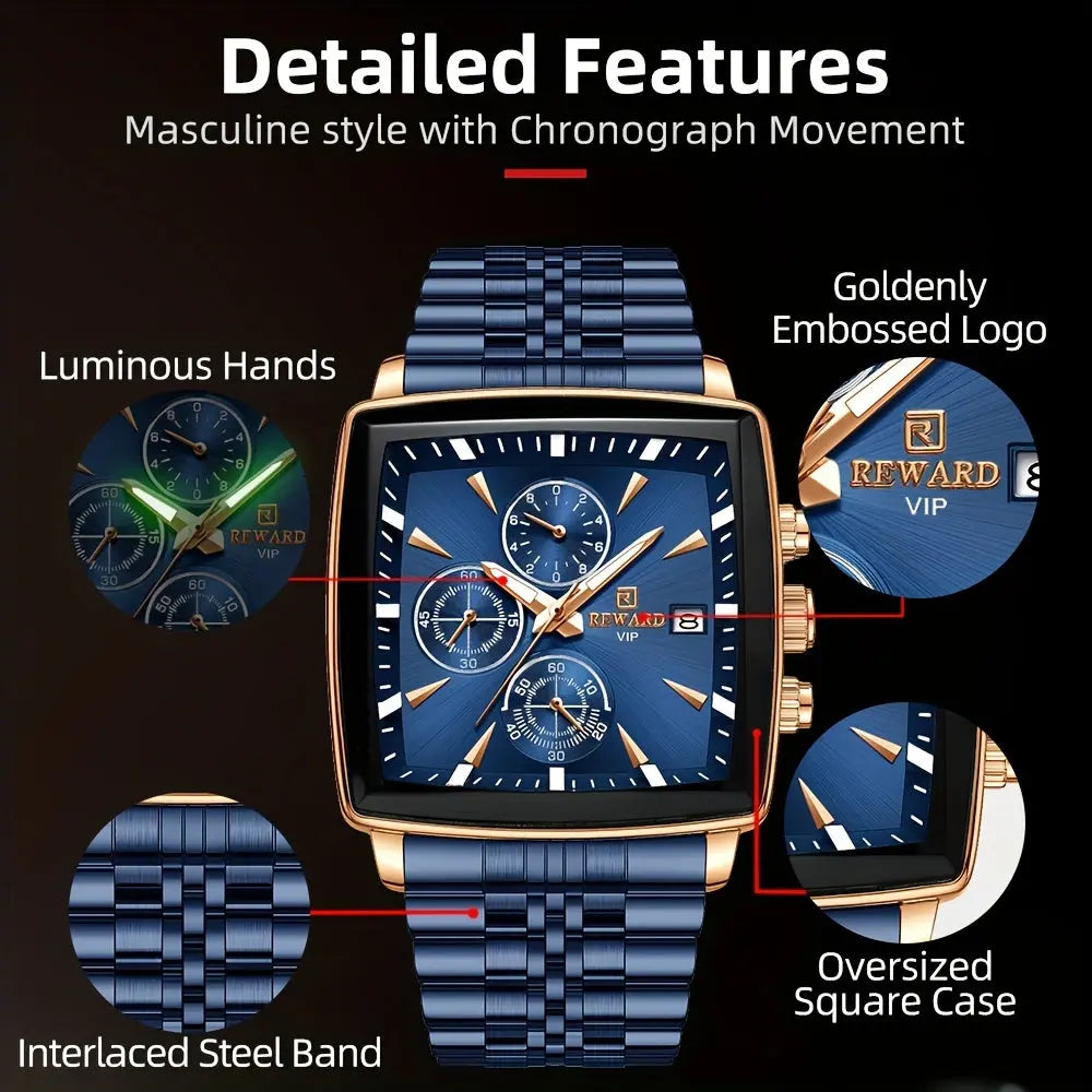 Men's blue rectangular watch with luminous hands oversized square case and interlaced steel band