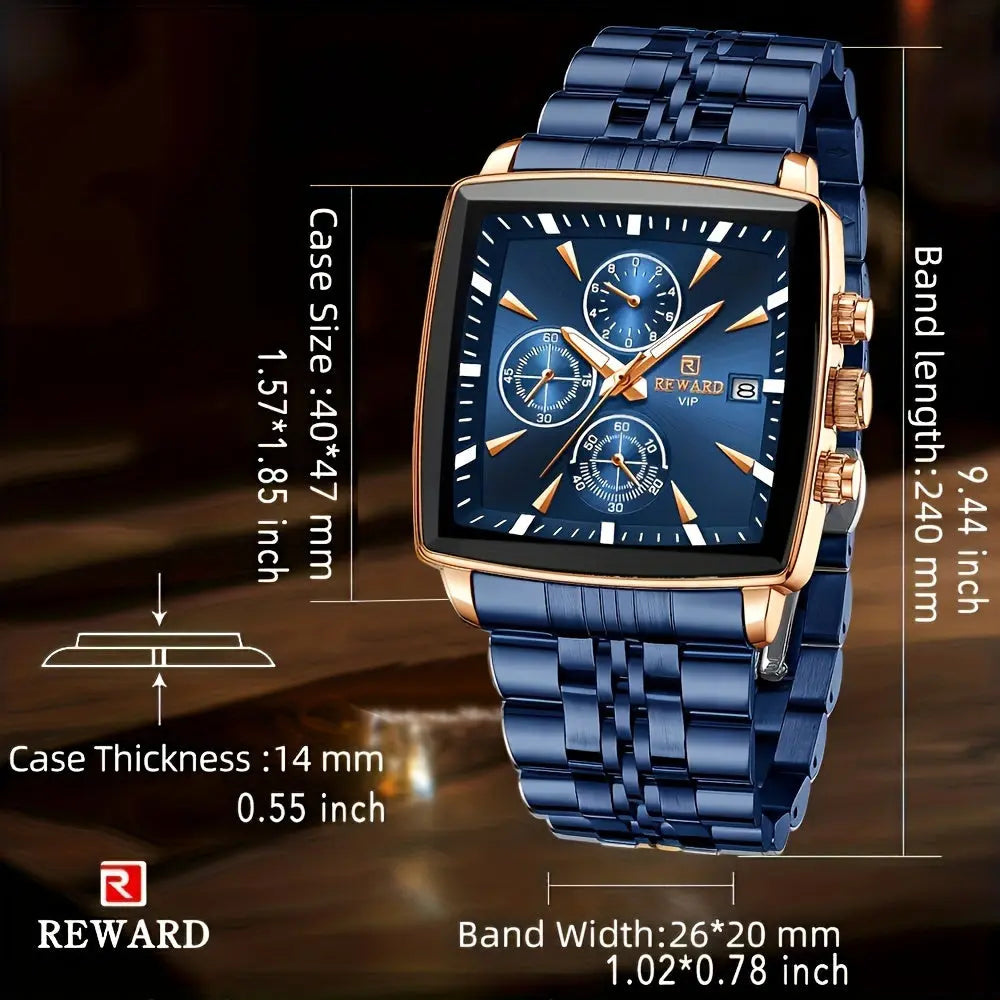 Men's blue rectangular watch with gold accents and stainless steel band by Alcom Distribution