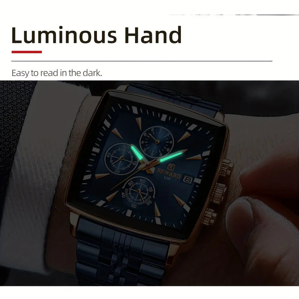 Men's blue rectangular watch with luminous hands easy to read in the dark by Alcom Distribution
