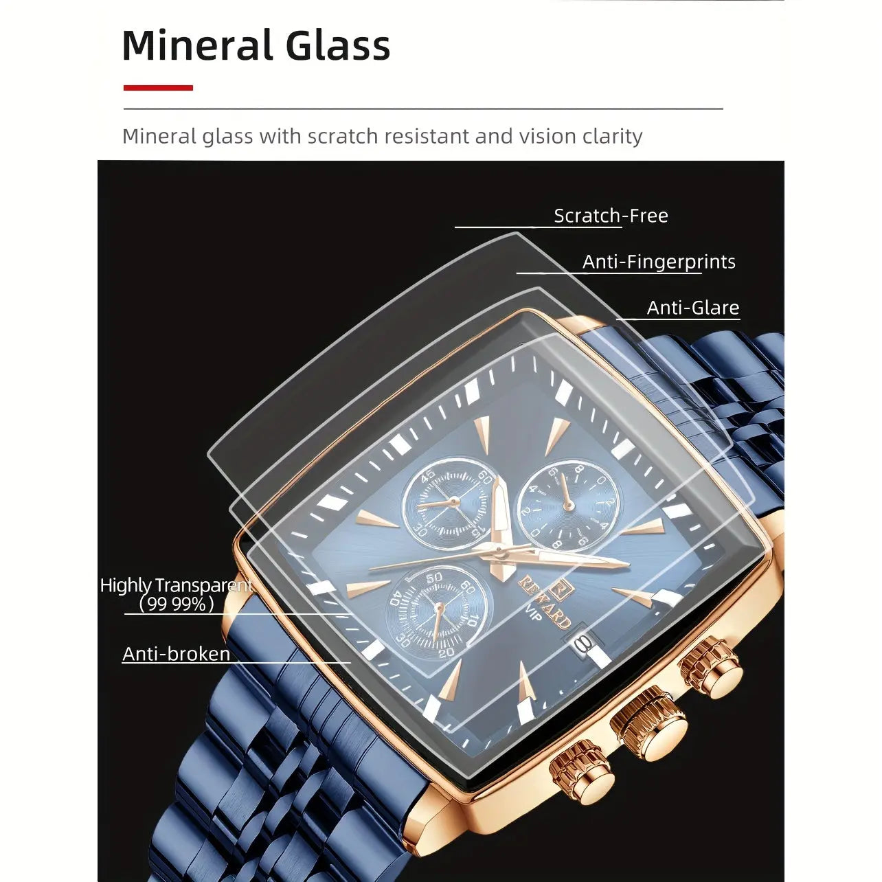 Men's blue rectangular watch with mineral glass featuring scratch-free and anti-glare protection