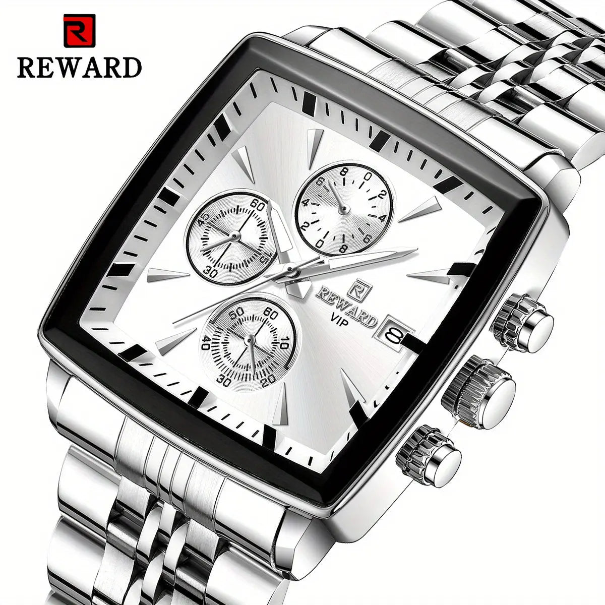 Men's blue rectangular watch by Alcom Distribution with silver metal band and chronograph dials