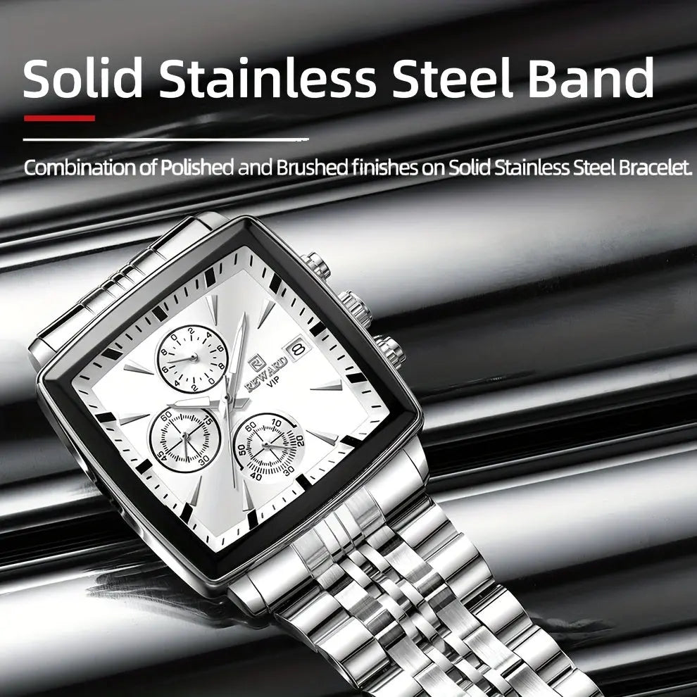 Men's blue rectangular watch with solid stainless steel band and polished brushed finishes