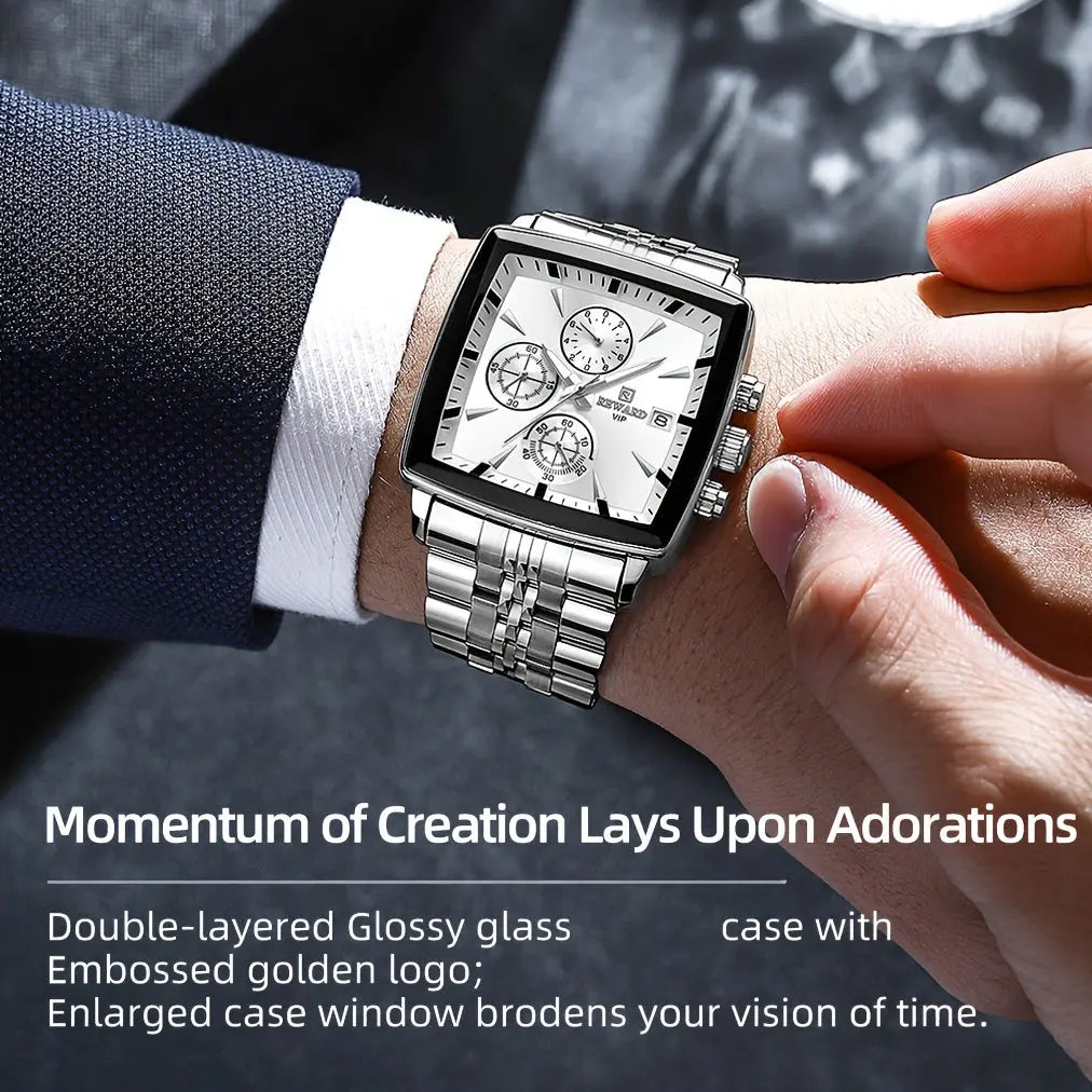 Men's blue rectangular watch with silver metal band and multi-dial face by Alcom Distribution