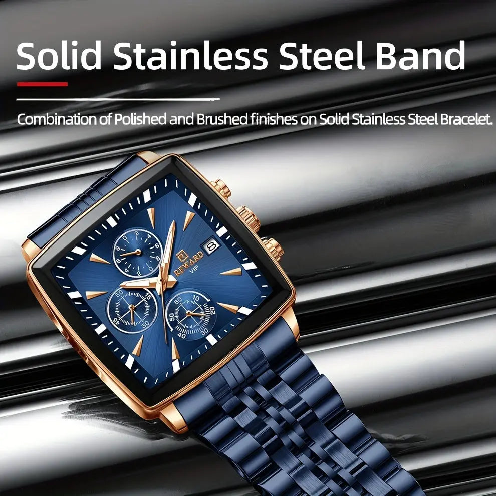 Alcom Distribution men's blue rectangular watch with solid stainless steel band and polished brushed finish