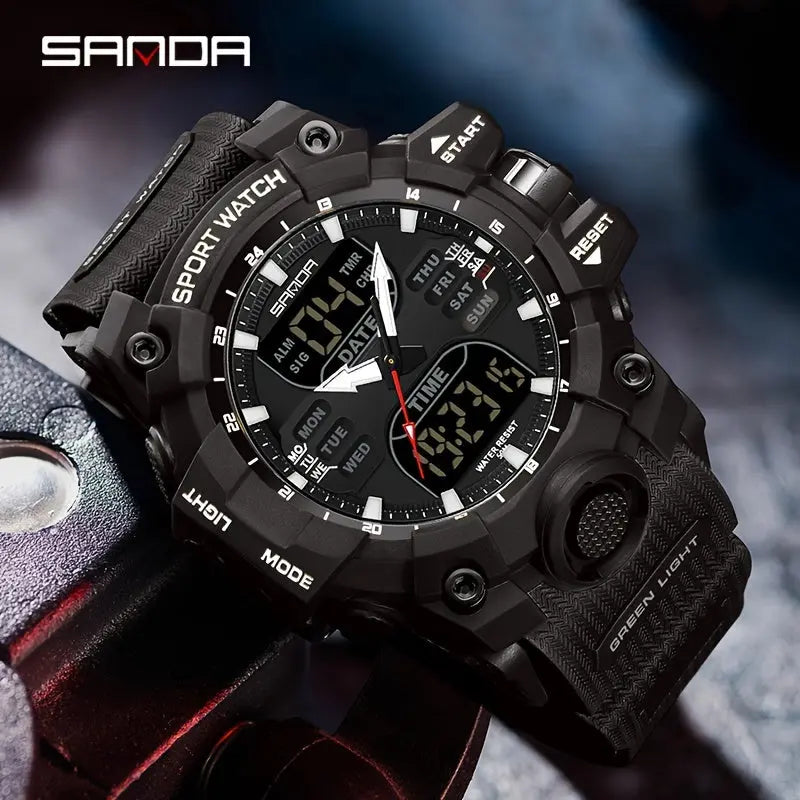 SANDA durable sports watch black rugged design with digital and analog display for sports use