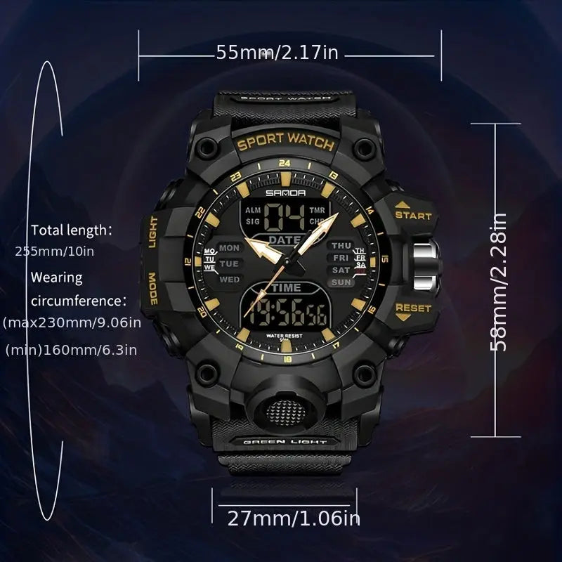 SANDA durable sports watch by Alcom Distribution with black rugged design and digital analog display
