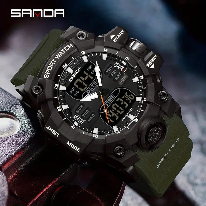 SANDA durable sports watch with black and green rugged design and digital analog display
