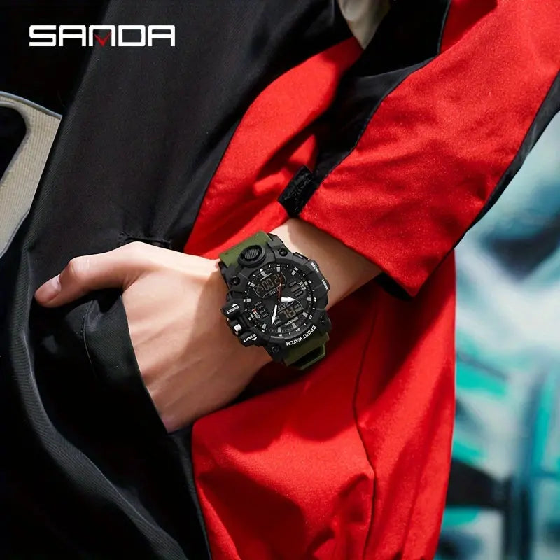 SANDA durable sports watch in black with green strap worn on wrist with red and black jacket background