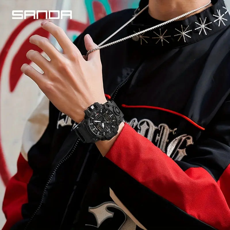 SANDA durable sports watch in black on wrist of person wearing black and red jacket