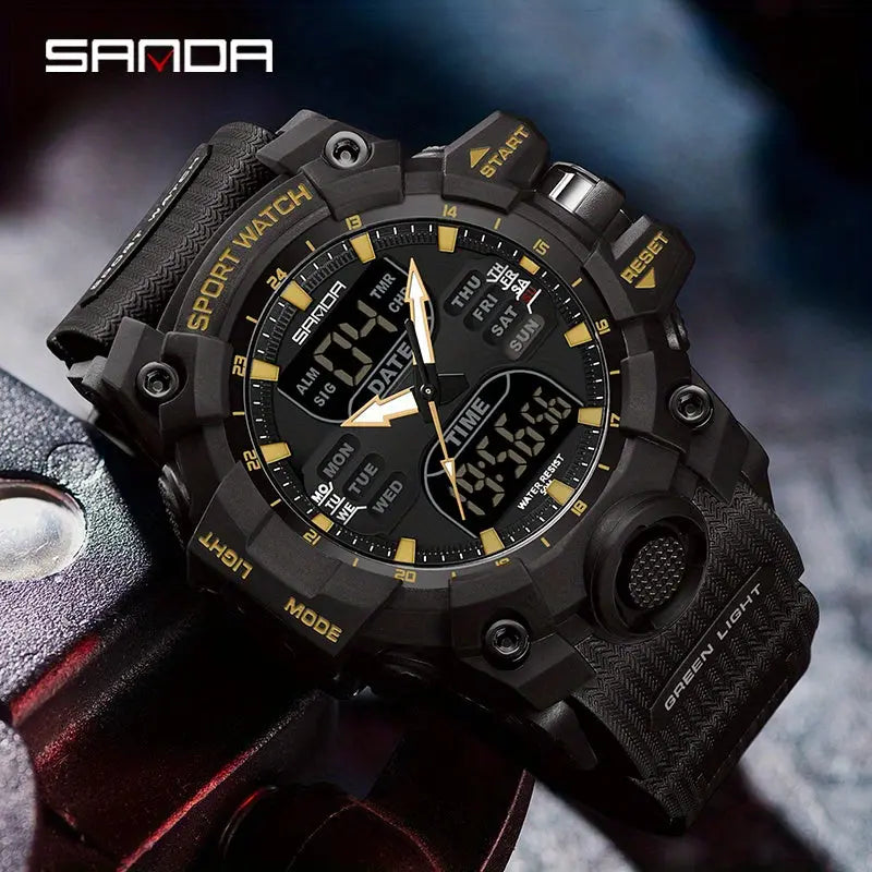 SANDA durable sports watch black rugged design with digital and analog display by Alcom Distribution