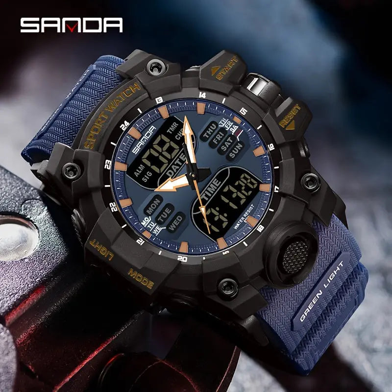 SANDA durable sports watch with blue strap and multifunction digital analog display