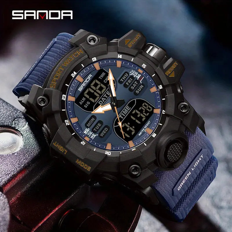 SANDA durable sports watch with black and blue rugged design and multiple digital displays