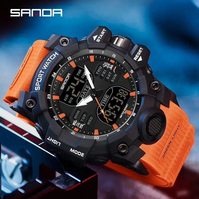 SANDA durable sports watch with black dial and orange strap by Alcom Distribution