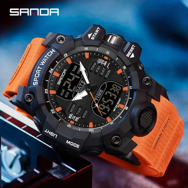 SANDA durable sports watch with black dial and orange strap featuring digital and analog display