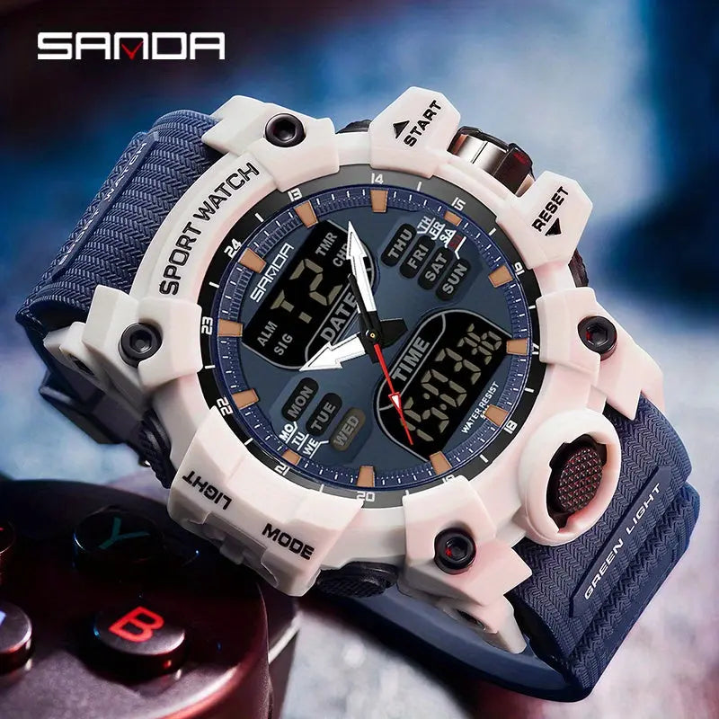 SANDA durable sports watch with blue strap and white bezel featuring digital and analog display