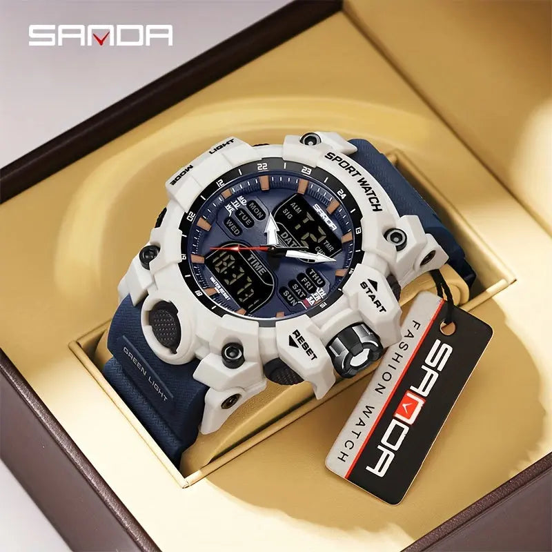SANDA durable sports watch with white and navy design featuring multiple digital displays by Alcom Distribution