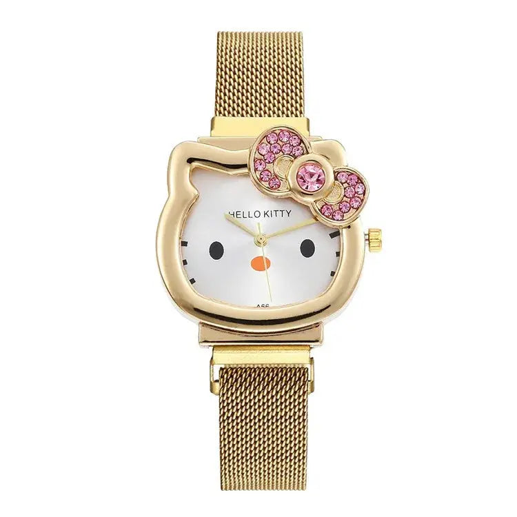 Alcom Distribution gold mesh strap hello kitty diamond watch with pink crystal bow and white face