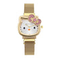 Alcom Distribution gold mesh strap hello kitty diamond watch with pink crystal bow and white face