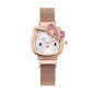 Alcom Distribution rose gold hello kitty diamond watch with pink crystal bow and mesh band