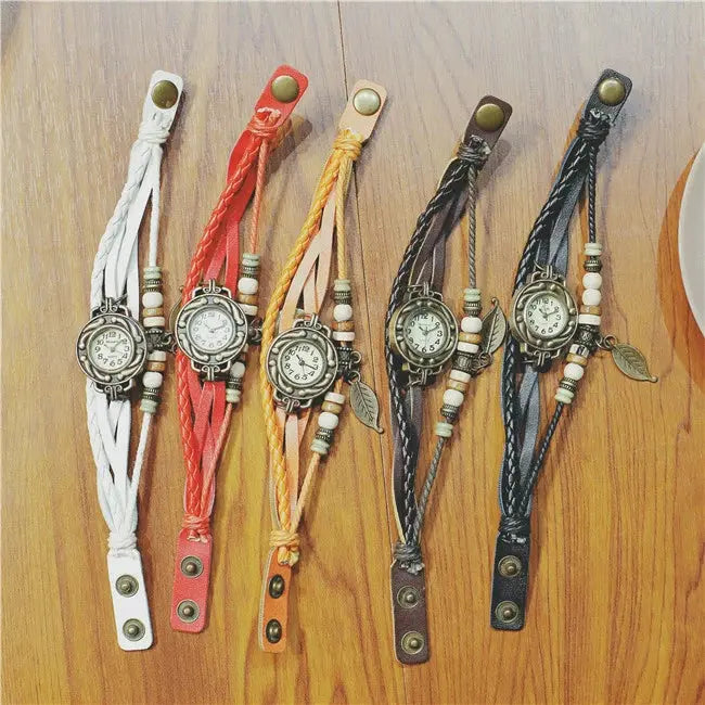 Shourui quartz wristwatch for women in various colors with braided leather straps and vintage watch faces