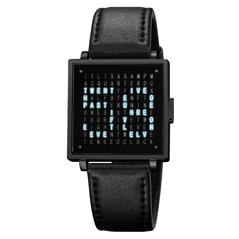 SKMEI 2388 men's digital watch with black leather strap and unique word-based time display by Alcom Distribution