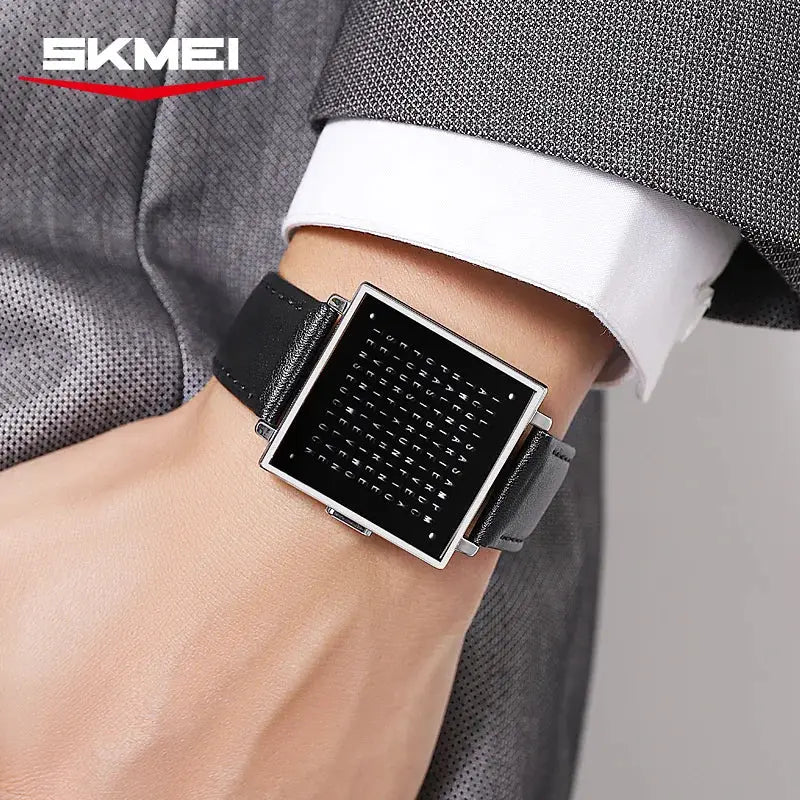 SKMEI 2388 men's digital watch with a unique square black dial and black leather strap
