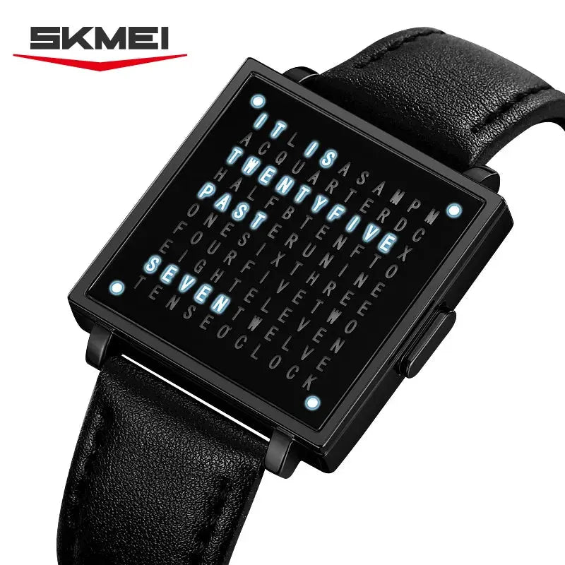 SKMEI 2388 men's digital watch with square black face and illuminated word clock display