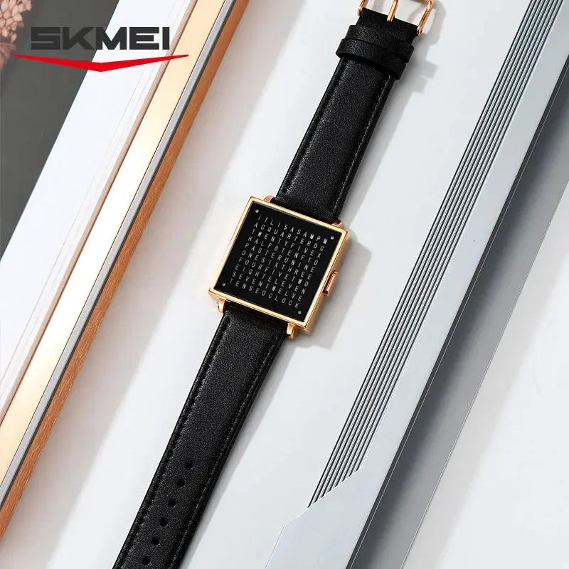 SKMEI 2388 men's digital watch with black leather strap and square gold case from Alcom Distribution