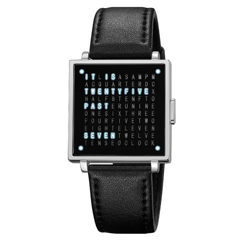 SKMEI 2388 men's digital watch with black leather strap and unique word clock display