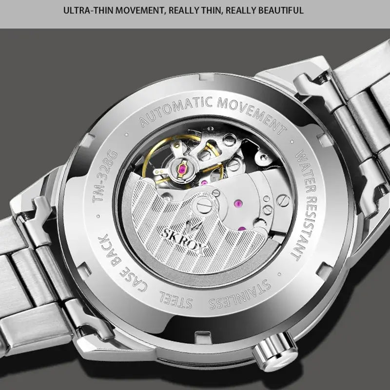 Back view of SKROX waterproof automatic watch showing stainless steel case and ultra-thin movement