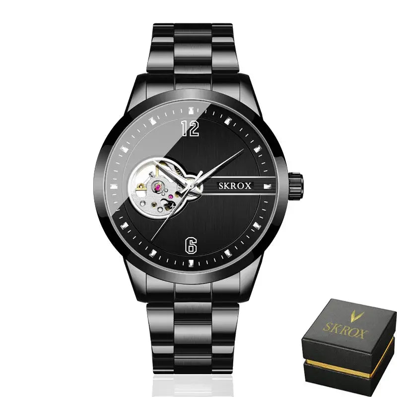 SKROX waterproof automatic watch with black metal band and open heart dial design