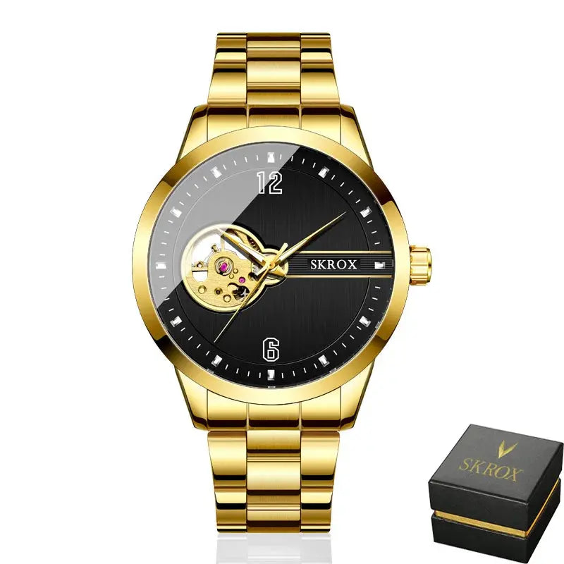 Gold SKROX waterproof automatic watch with black dial and visible movement by Alcom Distribution