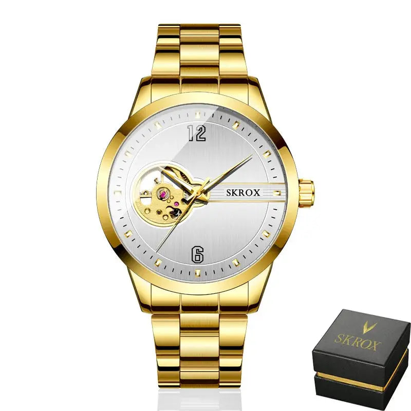 Gold SKROX waterproof automatic watch with silver dial and visible gears by Alcom Distribution