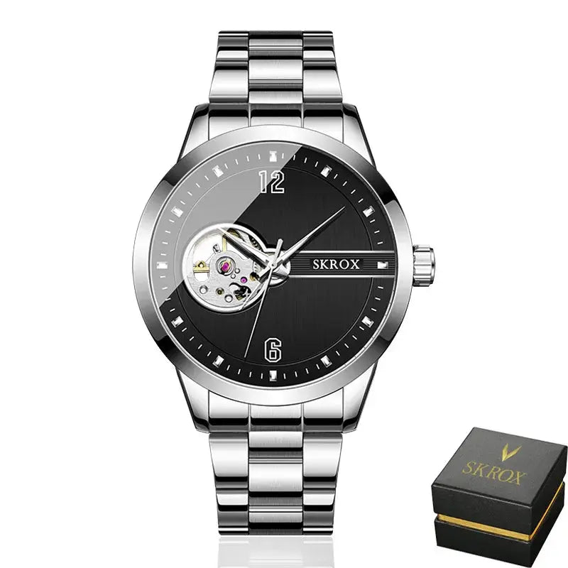 SKROX waterproof automatic watch with stainless steel band and visible mechanical movement by Alcom Distribution