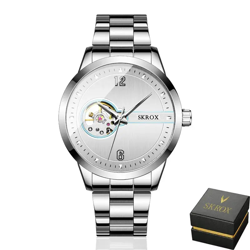 SKROX waterproof automatic watch with silver stainless steel band and visible mechanism dial