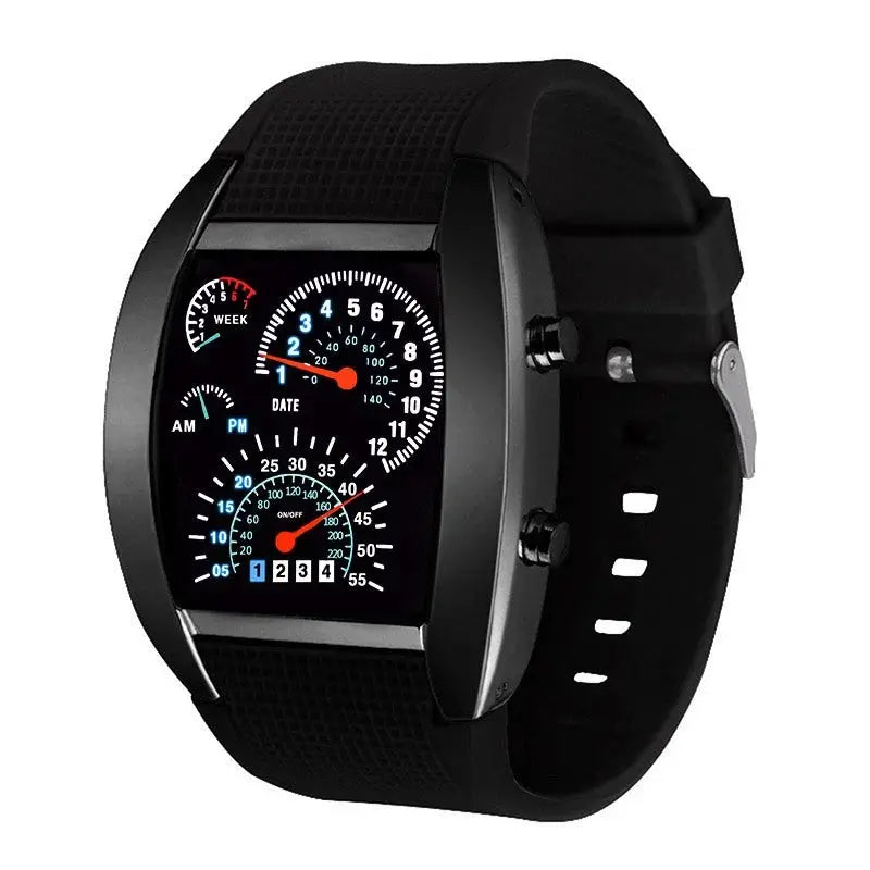 Alcom Distribution black silicone watch with gauge style display racing dashboard LED sports watch
