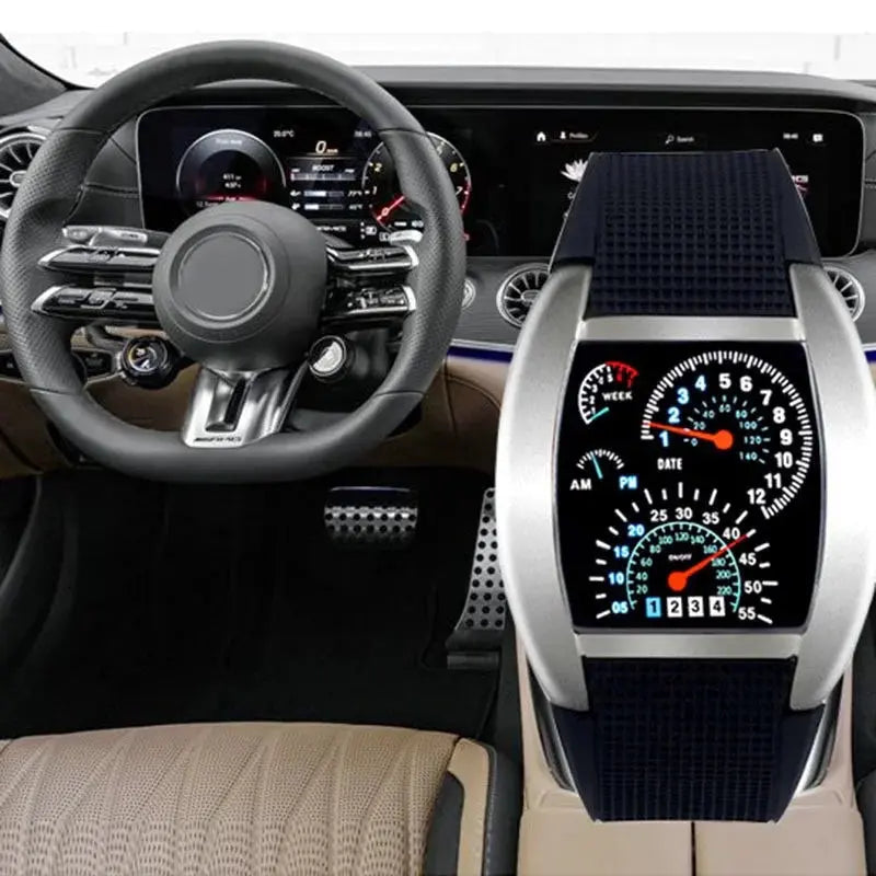 Alcom Distribution racing dashboard LED sports watch displayed in a luxury car interior showing gauge style LED face and strap