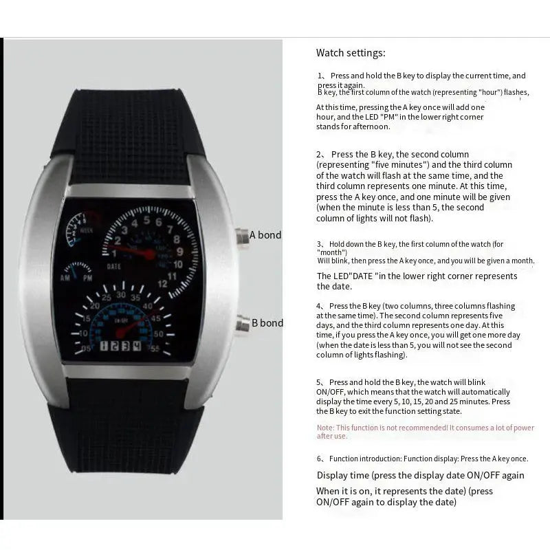 Alcom Distribution racing dashboard LED sports watch with black strap and car gauge style LED dial