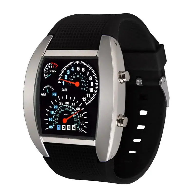 Alcom Distribution racing dashboard LED sports watch with silver case black silicone strap and speedometer display
