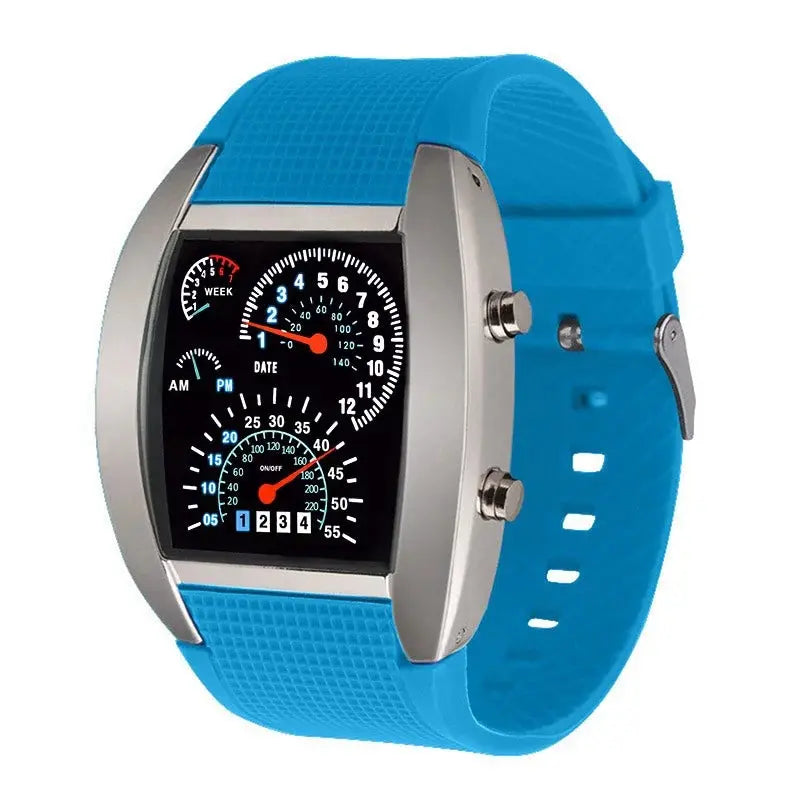 Alcom Distribution blue silicone strap racing dashboard LED sports watch with silver case and gauge style display