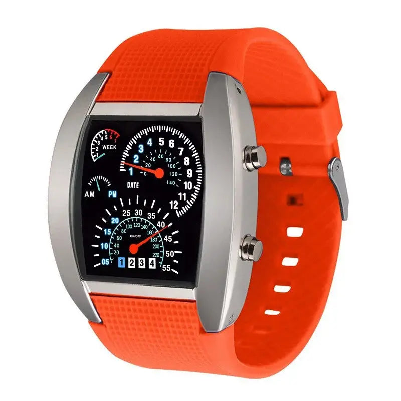 Alcom Distribution orange silicone strap racing dashboard LED sports watch with steel case and gauge style display