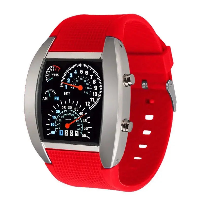 Alcom Distribution red strap racing dashboard LED sports watch with silver case and gauge style digital display