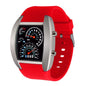 Alcom Distribution red strap racing dashboard LED sports watch with silver case and gauge style digital display