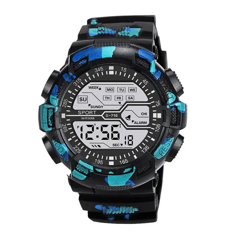 Alcom Distribution large LED waterproof watch with black and blue camo design and digital display
