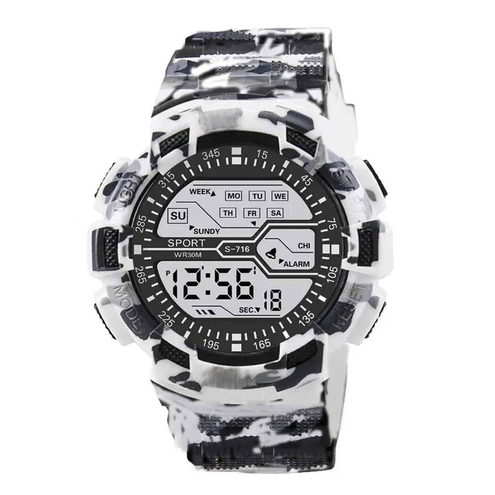 Alcom Distribution large LED waterproof watch with black and white camouflage design and digital display