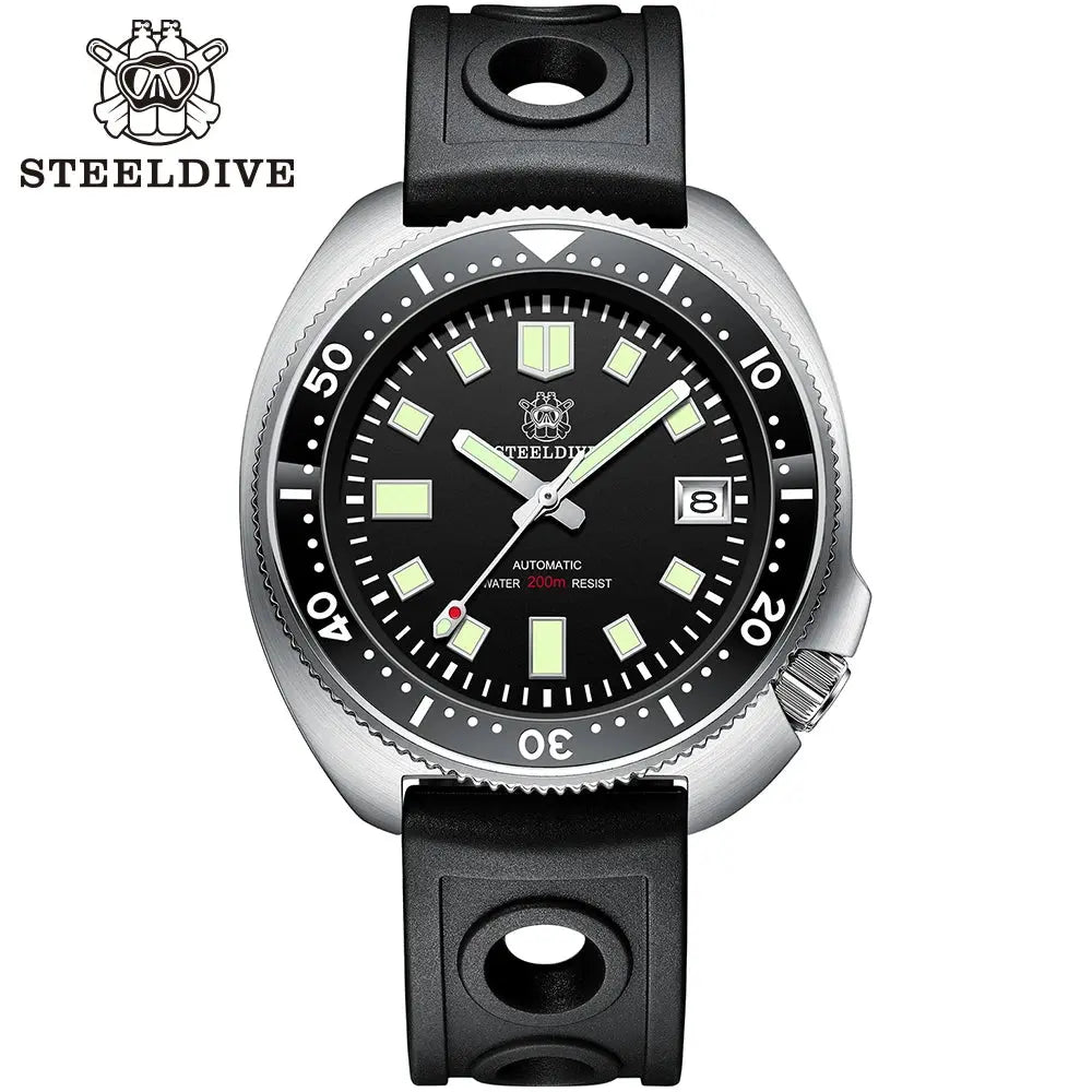 Steeldive SD1970 automatic dive watch with black dial and black rubber strap by Alcom Distribution