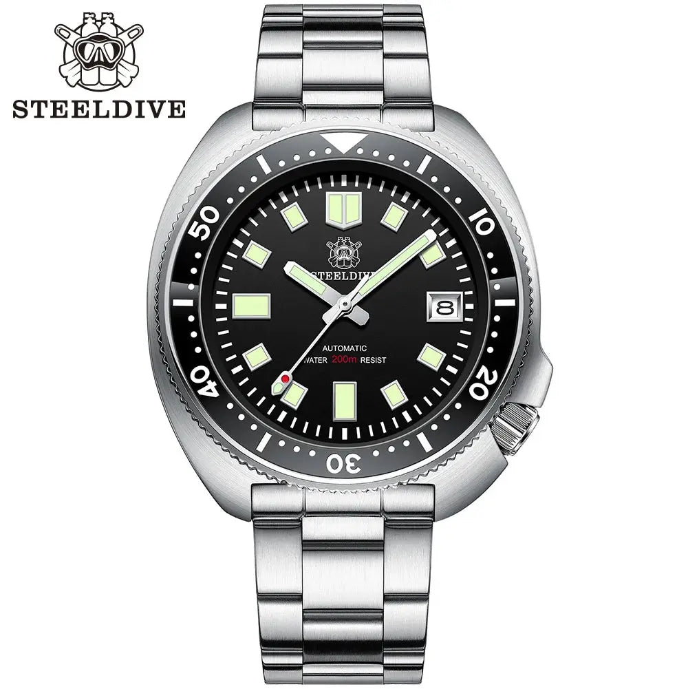 Steeldive SD1970 automatic dive watch with stainless steel bracelet and black dial by Alcom Distribution